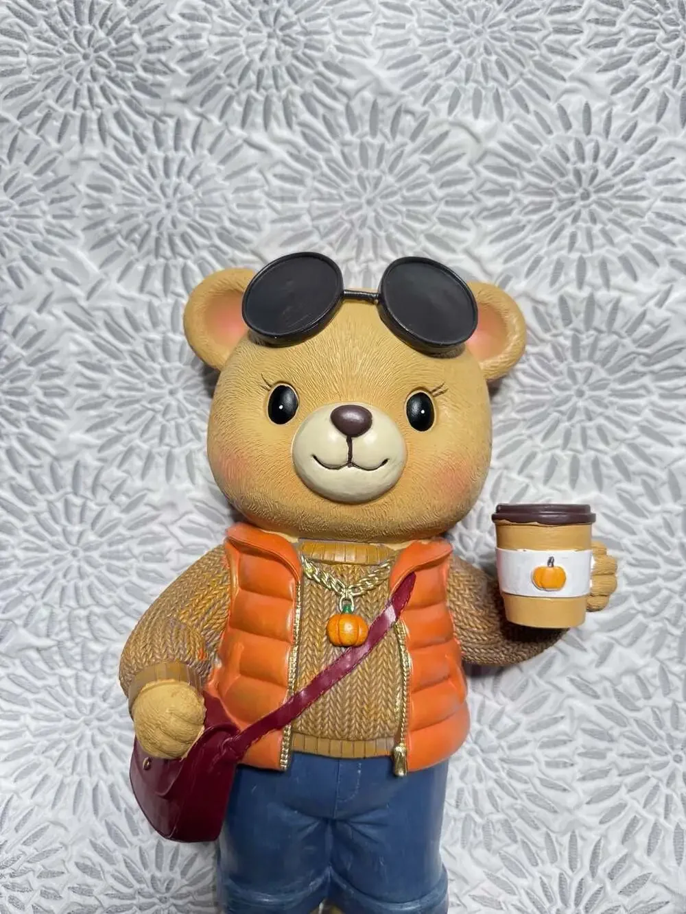 Fall Autumn Resin Bear Wearing Sunglasses Holding Coffee Cup 12” Figurine